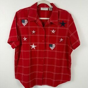Lemon Grass Womens Red Patriotic Americana Star Heart Button Down Shirt Large